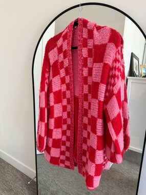 Open-Front Checker Knit Cardigan in Red & Pink